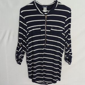 Chic Navy and White Striped Blouse with Zipper